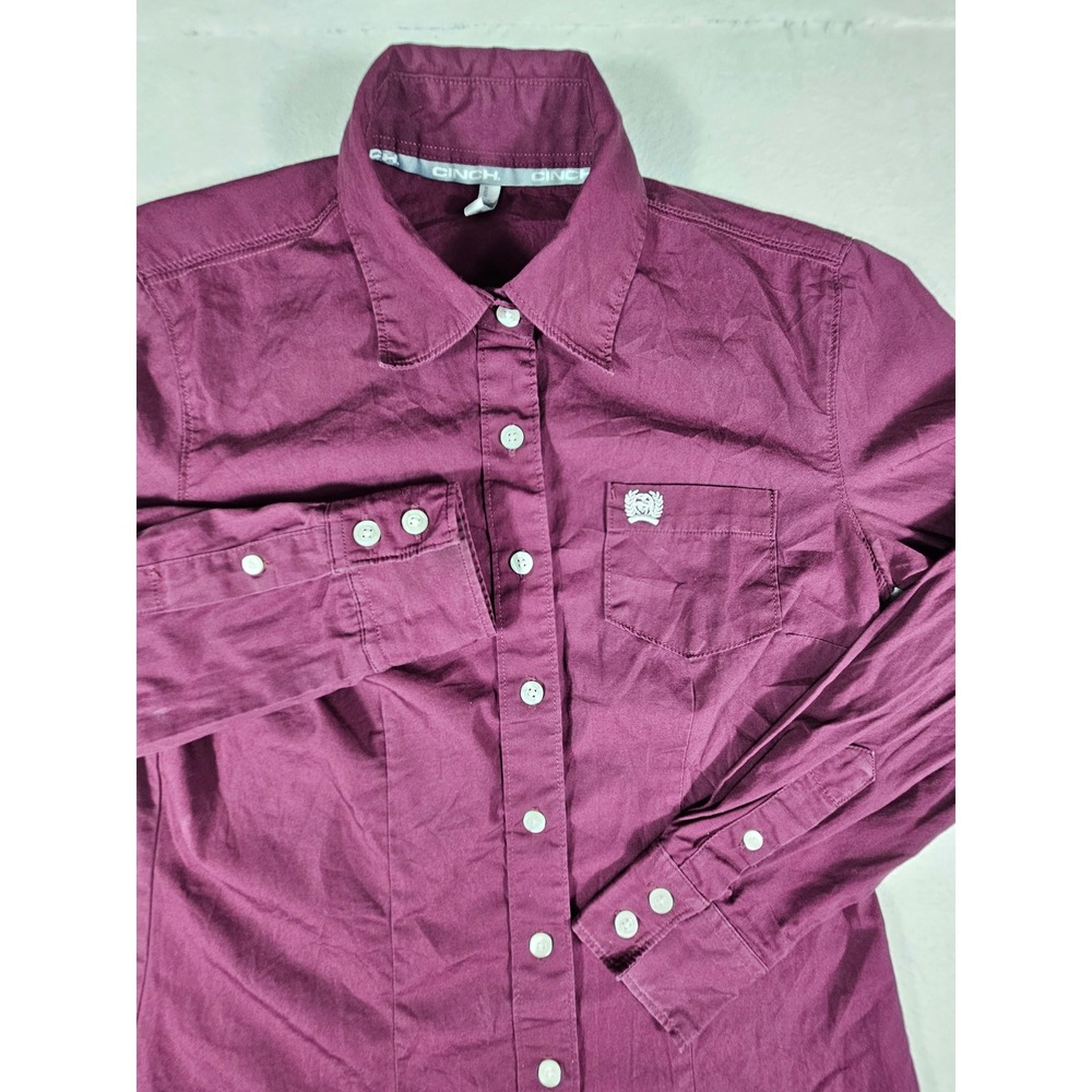 Cinch Womens XS Burgundy Long Sleeve Button Up Western Shirt Logo Pocket Cotton